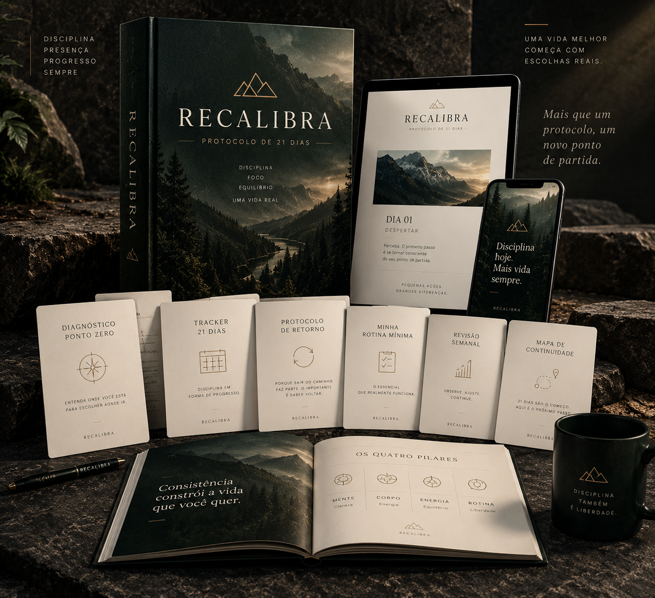 Kit completo do protocolo Recalibra, com livro, materiais e versões digitais